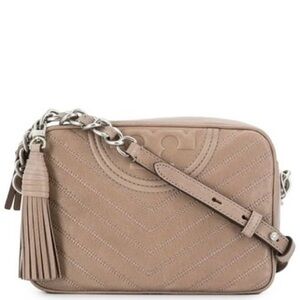 Tory Burch Beige Tan Crossbody Bag with Tassel Silver Accents